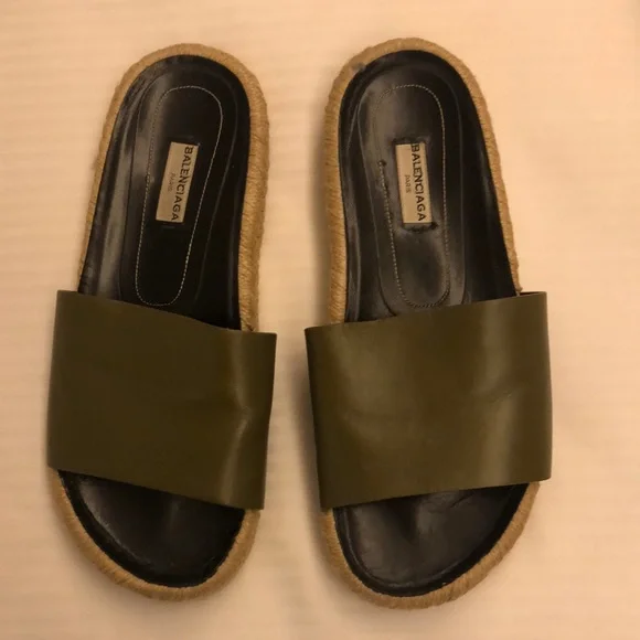 Balenciaga Shoes Balenciaga Olive Green Leather Slide Sandal